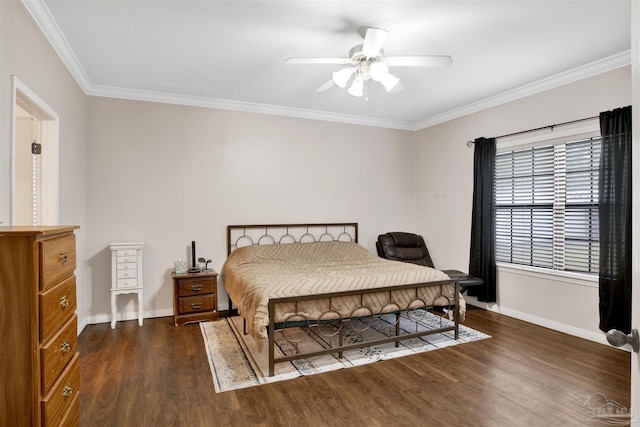 bedroom with ornamental molding, ceiling fan, and dark hardwood / wood-style flooring