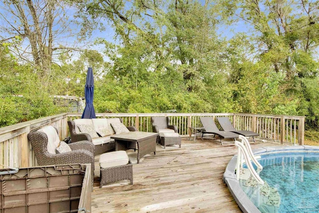 wooden deck with an outdoor living space