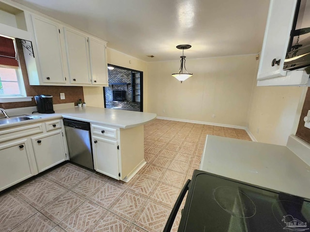 kitchen with stainless steel dishwasher, hanging light fixtures, white cabinets, and kitchen peninsula