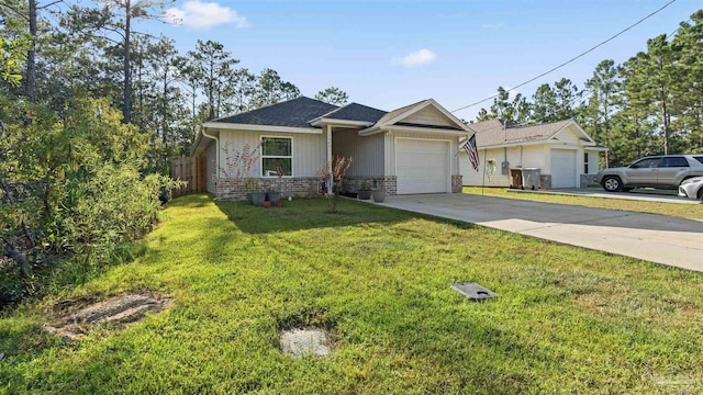 ranch-style house with brick siding, concrete driveway, a front yard, fence, and a garage