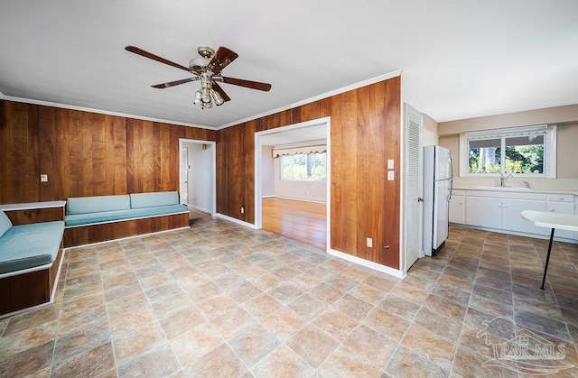 interior space featuring ceiling fan, a healthy amount of sunlight, sink, and wood walls