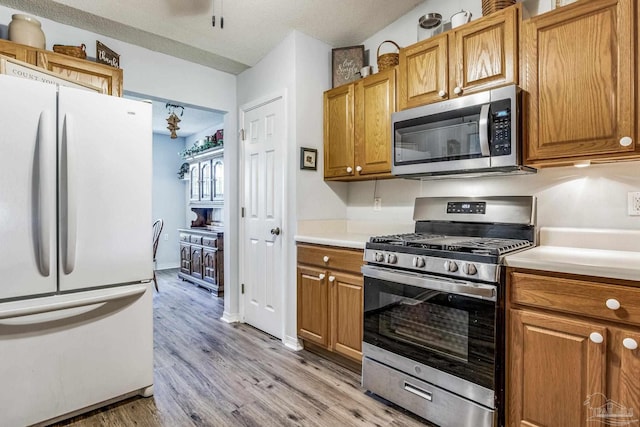 kitchen featuring light wood-type flooring, a textured ceiling, and appliances with stainless steel finishes