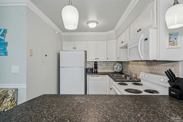 kitchen featuring pendant lighting, backsplash, white cabinets, ornamental molding, and white appliances