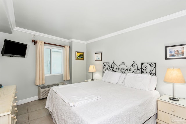 bedroom with crown molding, light tile patterned floors, and an AC wall unit