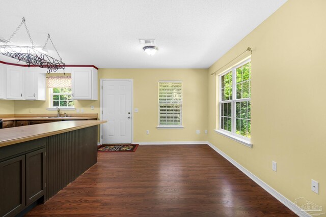 kitchen with an inviting chandelier, sink, dark wood-type flooring, and white cabinets