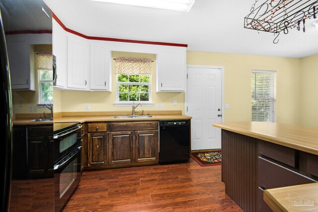 kitchen featuring dark hardwood / wood-style floors, black appliances, dark brown cabinets, and sink