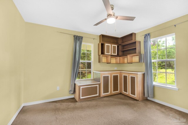 carpeted empty room with a healthy amount of sunlight and ceiling fan