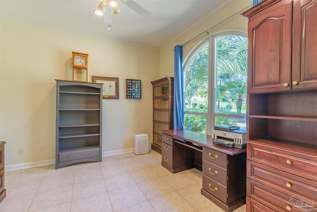 office area with light tile patterned flooring, crown molding, a wealth of natural light, and ceiling fan