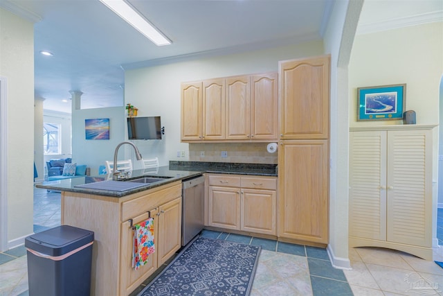 kitchen with dishwasher, kitchen peninsula, sink, and light brown cabinetry