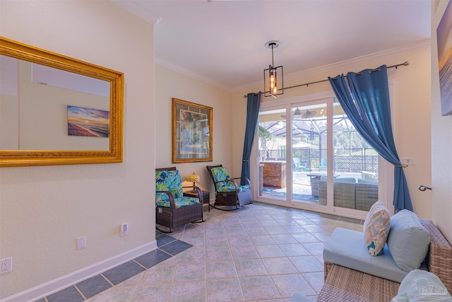 living area featuring ornamental molding and tile patterned floors