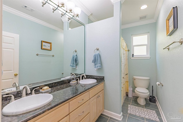 bathroom with vanity, crown molding, toilet, and tile patterned flooring