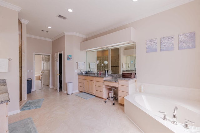 bathroom featuring independent shower and bath, vanity, and crown molding