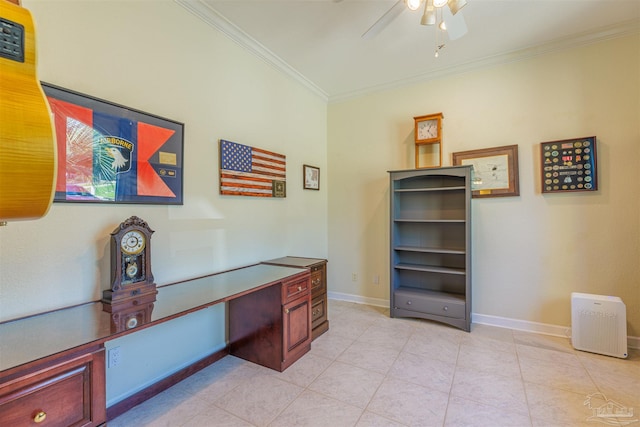 home office with ornamental molding, ceiling fan, and light tile patterned floors