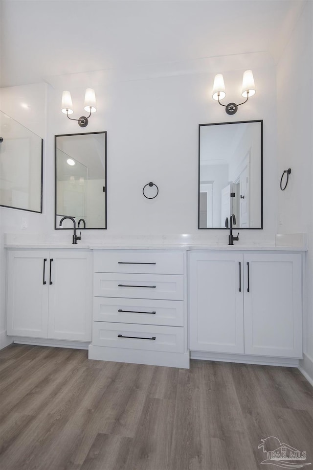 bathroom with vanity and wood-type flooring