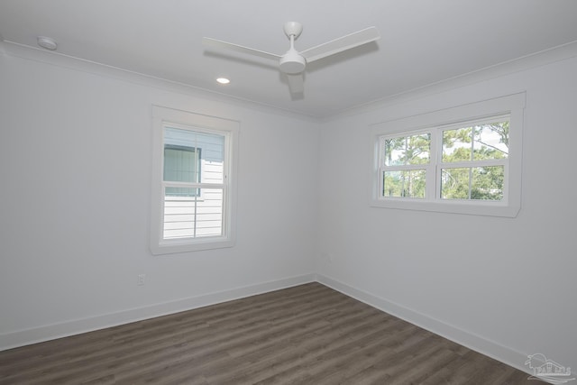 spare room with dark wood-type flooring, ceiling fan, and ornamental molding