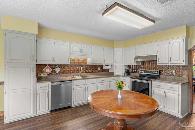 5816 Forest Ridge Dr, Pensacola, FL 32526 - kitchen featuring appliances with stainless steel finishes, under cabinet range hood, a sink, white cabinetry, and dark wood finished floors