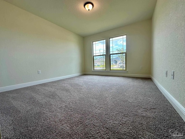 spare room featuring baseboards, carpet floors, and a textured wall