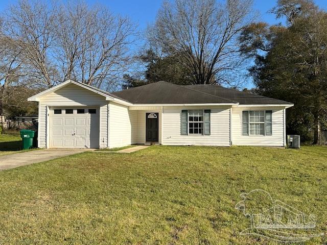 single story home with central air condition unit, concrete driveway, a front lawn, and a garage