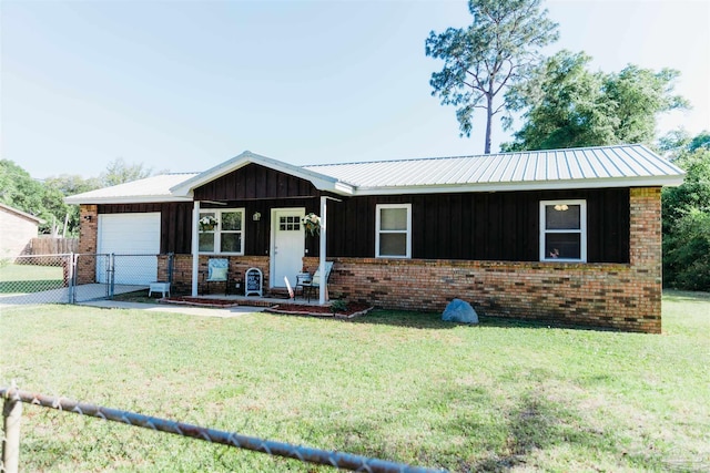 ranch-style house with a garage, board and batten siding, brick siding, and a porch