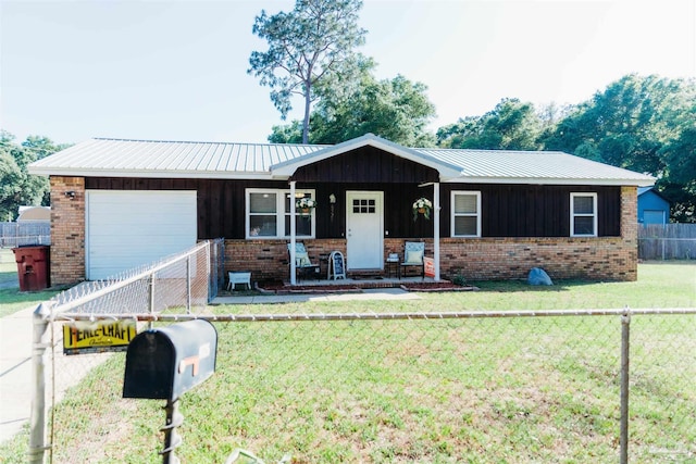 single story home featuring a garage, board and batten siding, brick siding, and covered porch