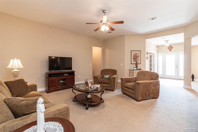 2255 Reed Ridge Ct, Navarre, FL 32566 - living room with ceiling fan, light carpet, baseboards, and visible vents