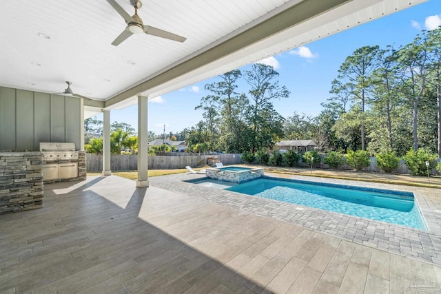 view of swimming pool featuring an in ground hot tub, area for grilling, ceiling fan, a patio, and a grill