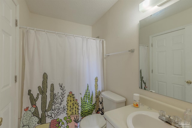 bathroom featuring vanity, a textured ceiling, and toilet