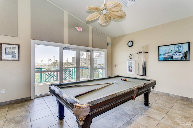 game room featuring lofted ceiling, billiards, ceiling fan, and light tile patterned floors