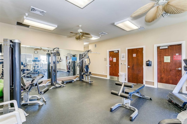 exercise room with ceiling fan