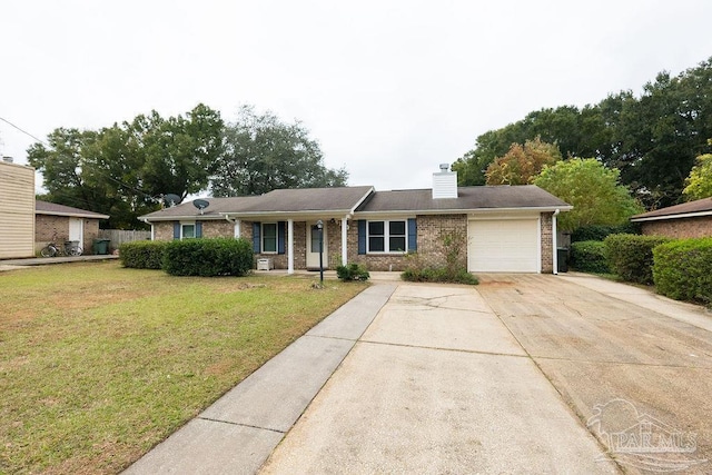 ranch-style house with a garage, brick siding, concrete driveway, a front lawn, and a chimney