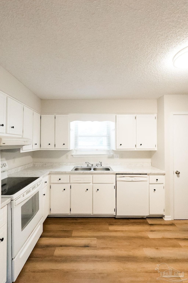 kitchen with white appliances, under cabinet range hood, white cabinetry, and a sink