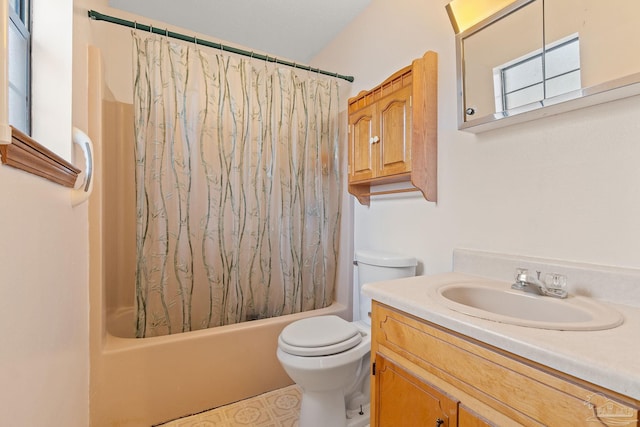 full bathroom with vanity, toilet, and shower / bath combo with shower curtain