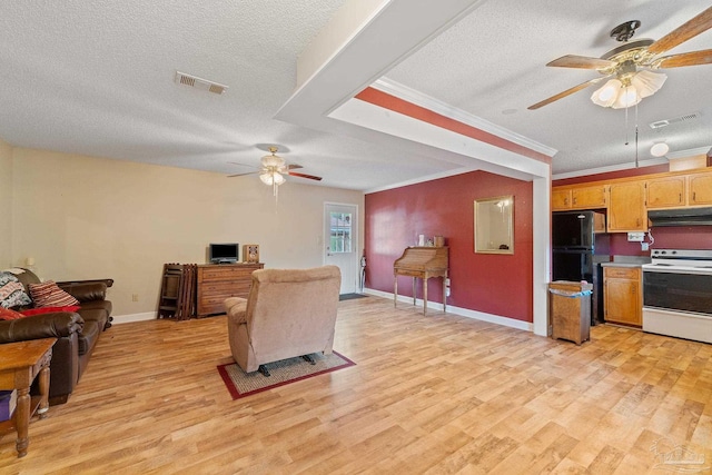 living room with a textured ceiling, light hardwood / wood-style floors, and ornamental molding