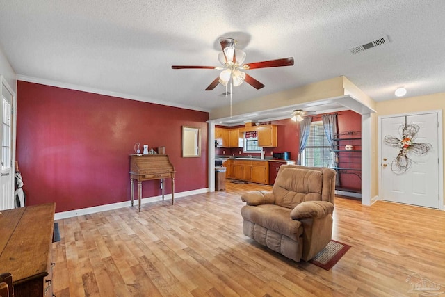 living room with a textured ceiling and light wood-type flooring