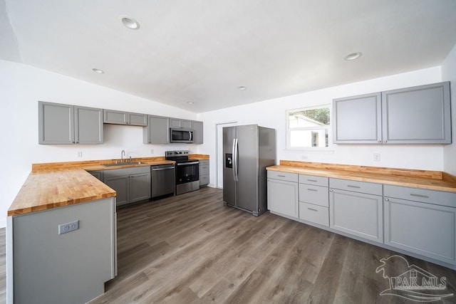 kitchen with dark hardwood / wood-style flooring, sink, lofted ceiling, butcher block countertops, and appliances with stainless steel finishes