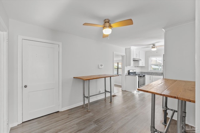 dining room with ceiling fan and light wood-type flooring