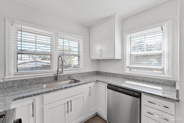 kitchen with white cabinetry, dishwasher, sink, and light stone countertops