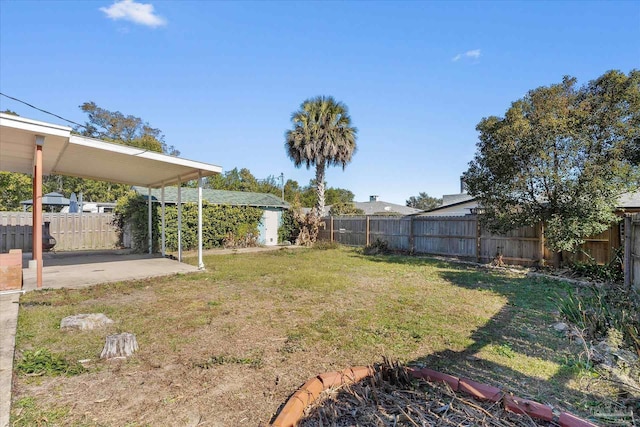 view of yard featuring a storage shed and a patio area