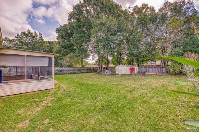 view of yard featuring a storage shed