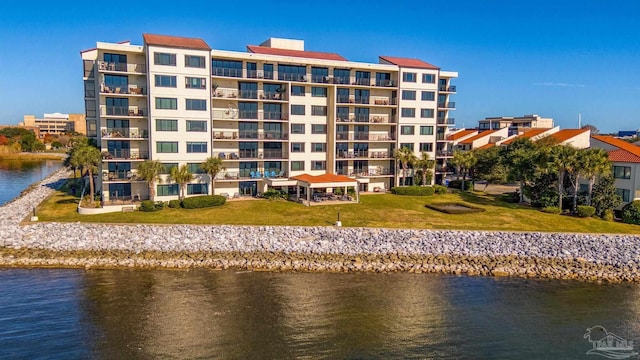 view of building exterior with a water view