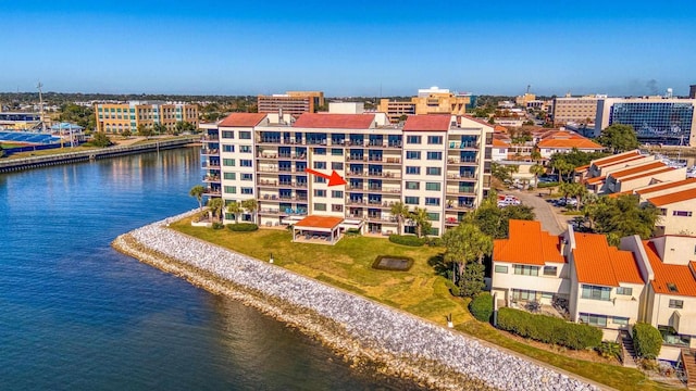 drone / aerial view featuring a water view