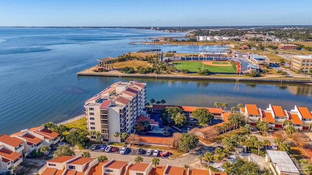 bird's eye view with a water view