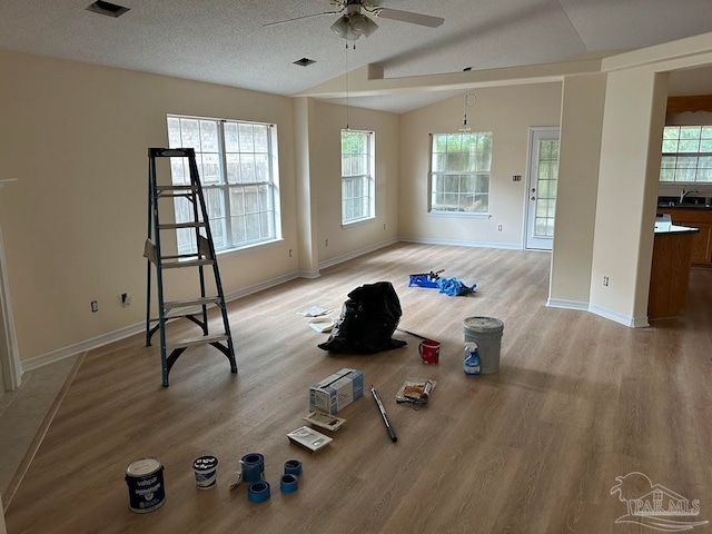 workout area with light wood-type flooring, a textured ceiling, sink, lofted ceiling, and ceiling fan