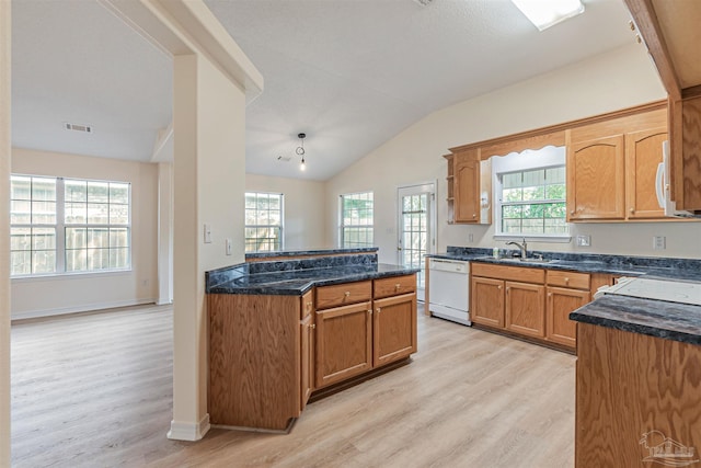 kitchen with lofted ceiling, a wealth of natural light, white appliances, and light hardwood / wood-style flooring