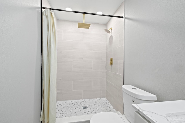 bathroom featuring vanity, a shower with shower curtain, and toilet