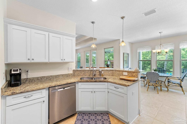 4951 Red Oak Dr, Milton, FL 32583 - kitchen with visible vents, a peninsula, white cabinetry, a sink, and dishwasher