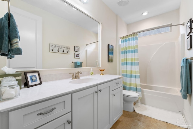4951 Red Oak Dr, Milton, FL 32583 - bathroom featuring tile patterned flooring, vanity, toilet, shower / bathtub combination with curtain, and recessed lighting