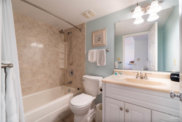 full bathroom featuring washtub / shower combination, vanity, and toilet