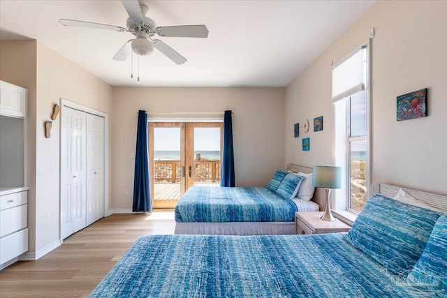 bedroom with light wood-style flooring, a ceiling fan, french doors, baseboards, and access to exterior