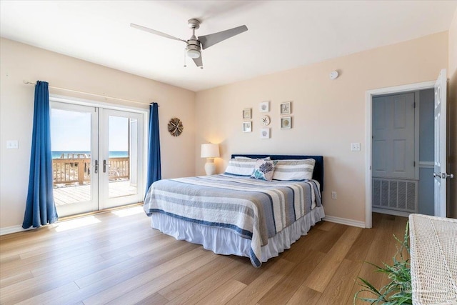 bedroom with access to exterior, visible vents, baseboards, french doors, and light wood-style floors